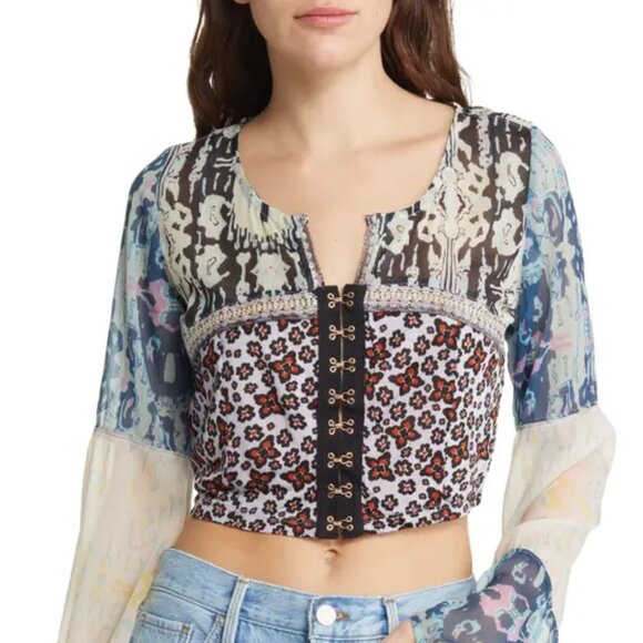 Free People Walk That Way Lyssie Crop Top BlousIn Lavender Sky Combo Size XS NWT - Picture 1 of 14